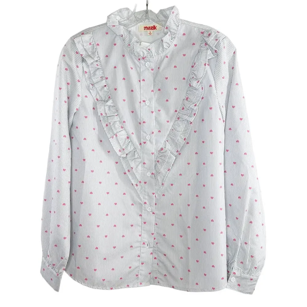 Long Sleeve Cotton Button Up Blouse White Gray Pinstripe Heart Ruffle Small - Picture 7 of 10